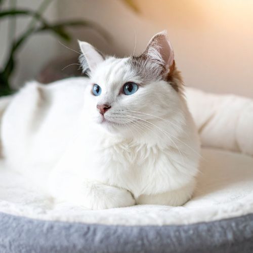 Cat sitting in a cat bed happy dog